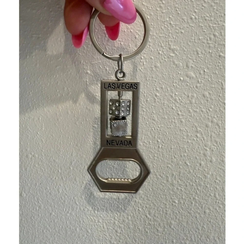 Las Vegas Nevada Spinning Rhinestone Dice Bottle Opener Keychain Silver Tone